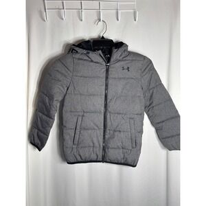Under Armour Youth Puffer Jacket Gray Hooded Full Zip Coldgear Size YSM